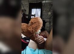 puppy play with his teddy