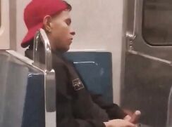 Latino jerking that cock on the subway